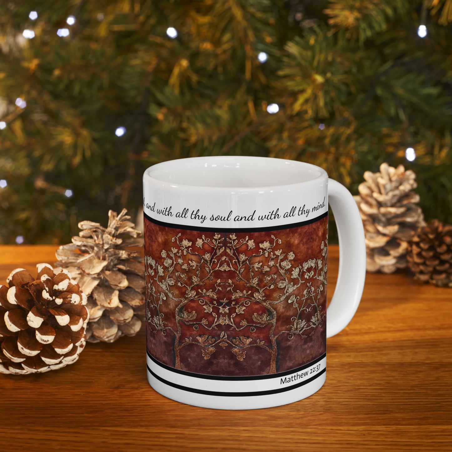 Ceramic Mug, (11oz, 15oz), Designer Series, Bible Verse, Love Thy God, Tree of Life, FrediFreds Home Collection