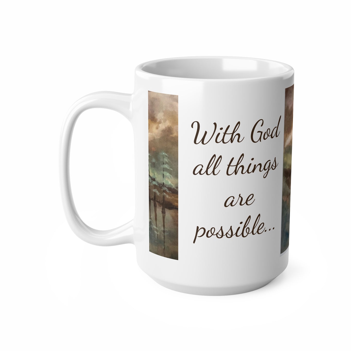 Ceramic Coffee Cups, 11oz, 15oz, Designer Series, Artwork, With God all things are possible", Moon Lake, FrediFreds Home Collection