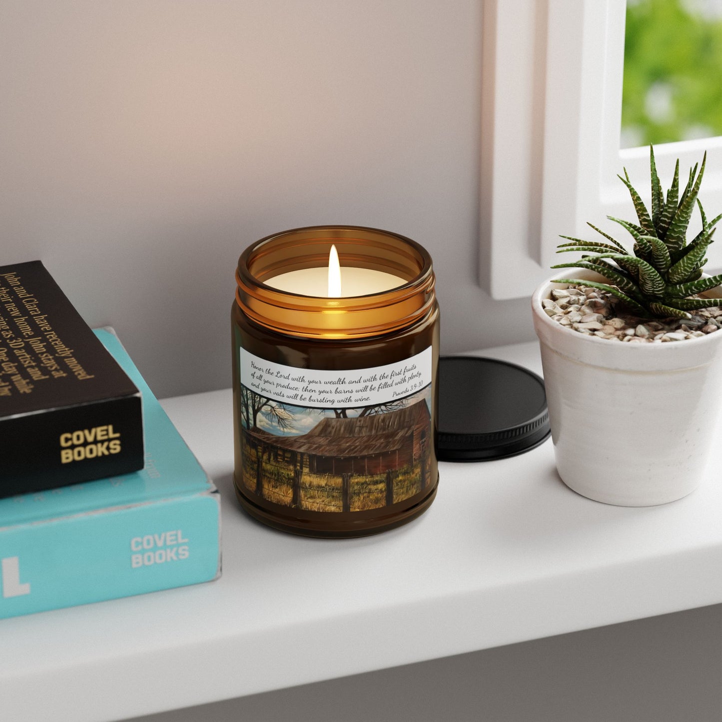 Scented Soy Candle (Multi-Size, Amber Jar), Proverbs 3:9-10, Barn, FrediFreds Home Collection