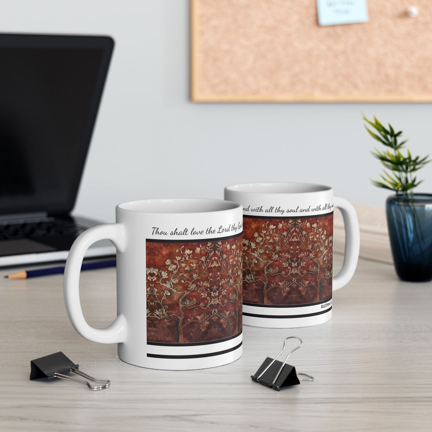 Ceramic Mug, (11oz, 15oz), Designer Series, Bible Verse, Love Thy God, Tree of Life, FrediFreds Home Collection
