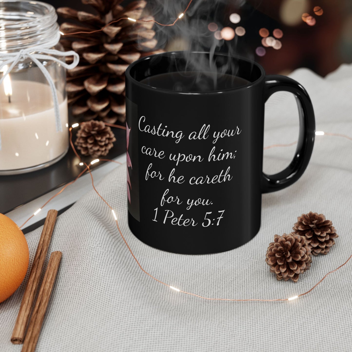Black Mug (11oz, 15oz), Lotus,Tranquility, 1 Peter 5:7, Coffee Devotion, FrediFreds Home Collection