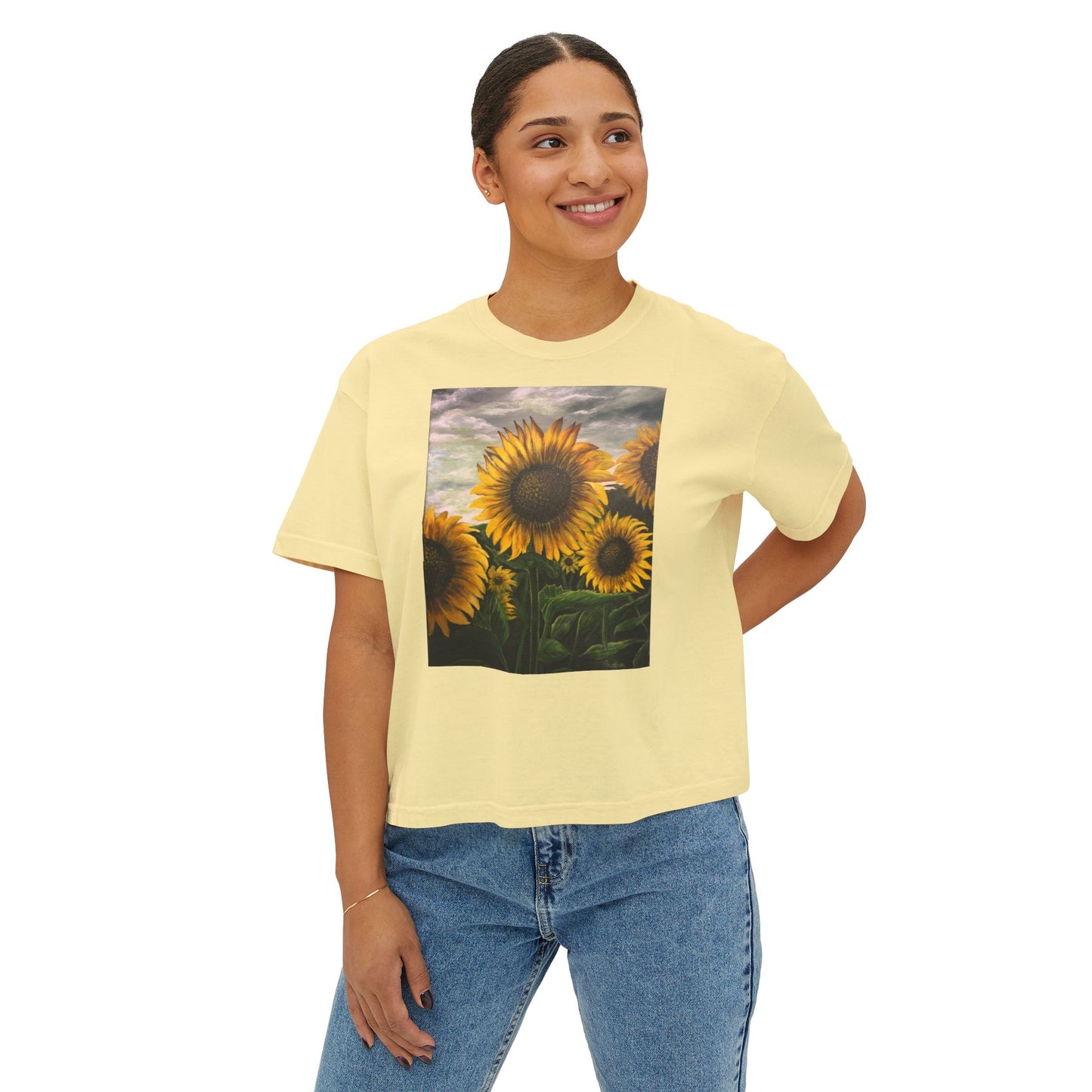 Women's Boxy Tee, Sunflowers, Fields, Nature, Pollinator, Artsy, FrediFred Home Collection