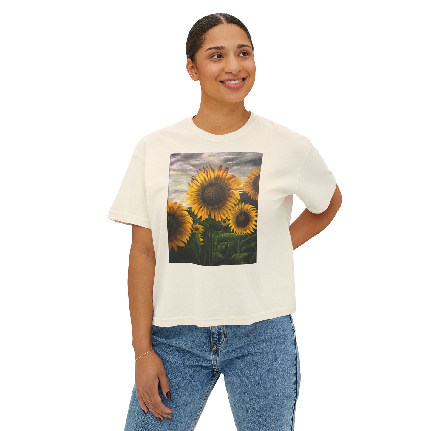 Women's Boxy Tee, Sunflowers, Fields, Nature, Pollinator, Artsy, FrediFred Home Collection