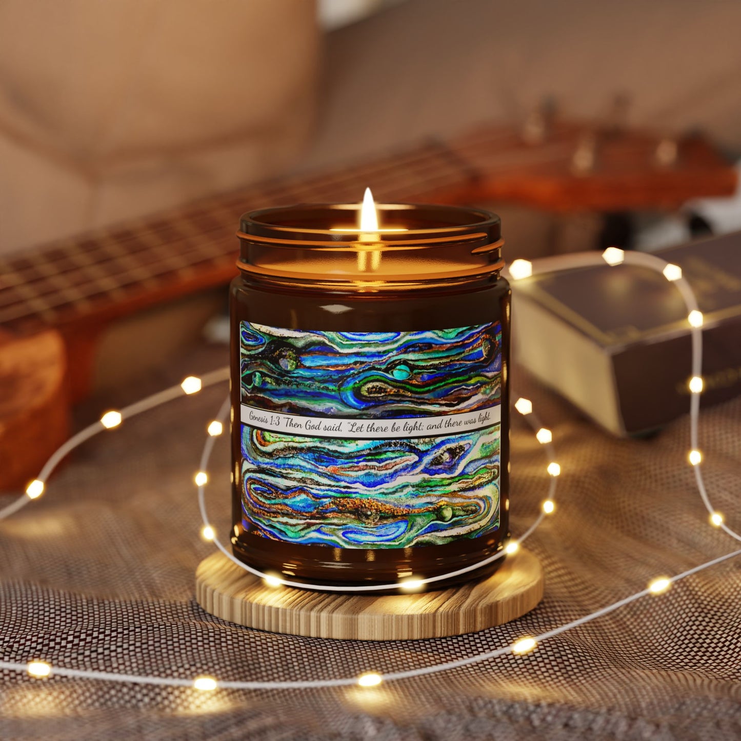 Scented Soy Candle (Multi-Size, Amber Jar), Abstract Biblical Art, Genesis 1:3, FrediFred Home Collection