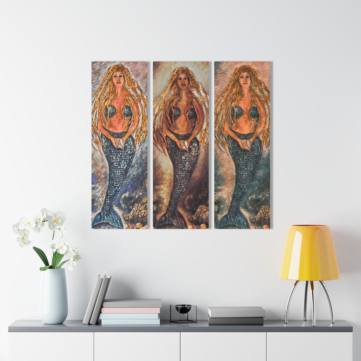 Acrylic Prints (Triptych), Eva by the Sea, 3 Panel Mermaids, Large Wall Art, Beachwalker Club Collection