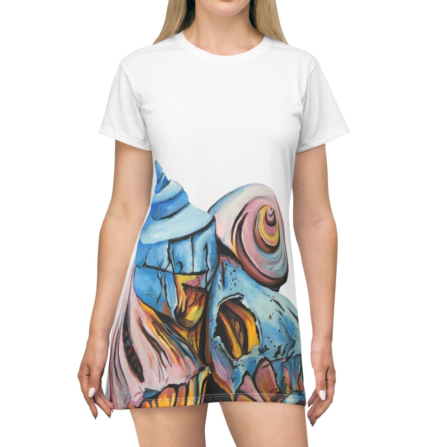 T-Shirt Dress (AOP), Artsy Pastel Beach Shells