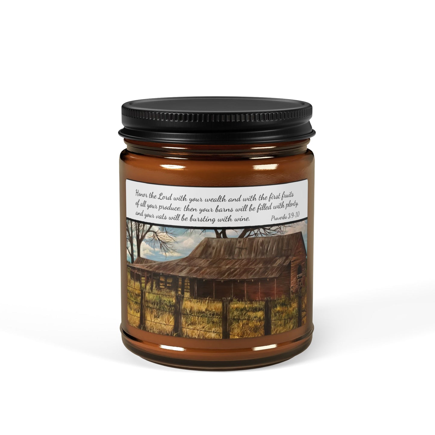 Scented Soy Candle (Multi-Size, Amber Jar), Proverbs 3:9-10, Barn, FrediFreds Home Collection