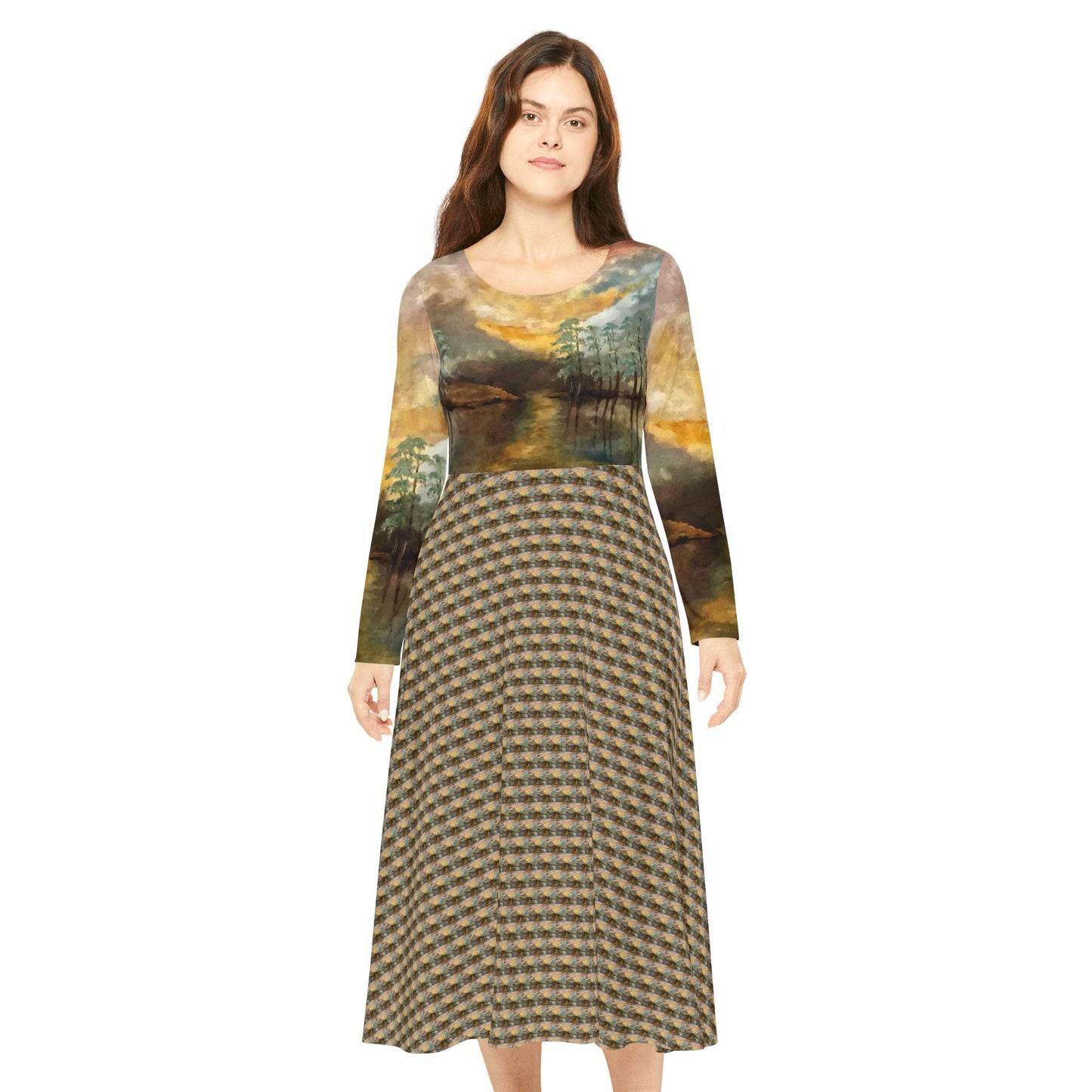 Women's Long Sleeve Modest Dress (AOP), Whimsical, Moon Lake, FrediFreds Home Collection