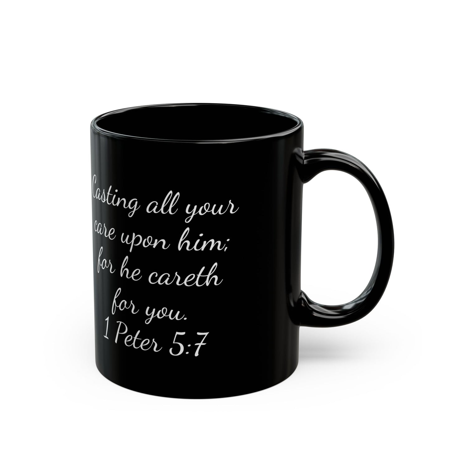 Black Mug (11oz, 15oz), Lotus,Tranquility, 1 Peter 5:7, Coffee Devotion, FrediFreds Home Collection