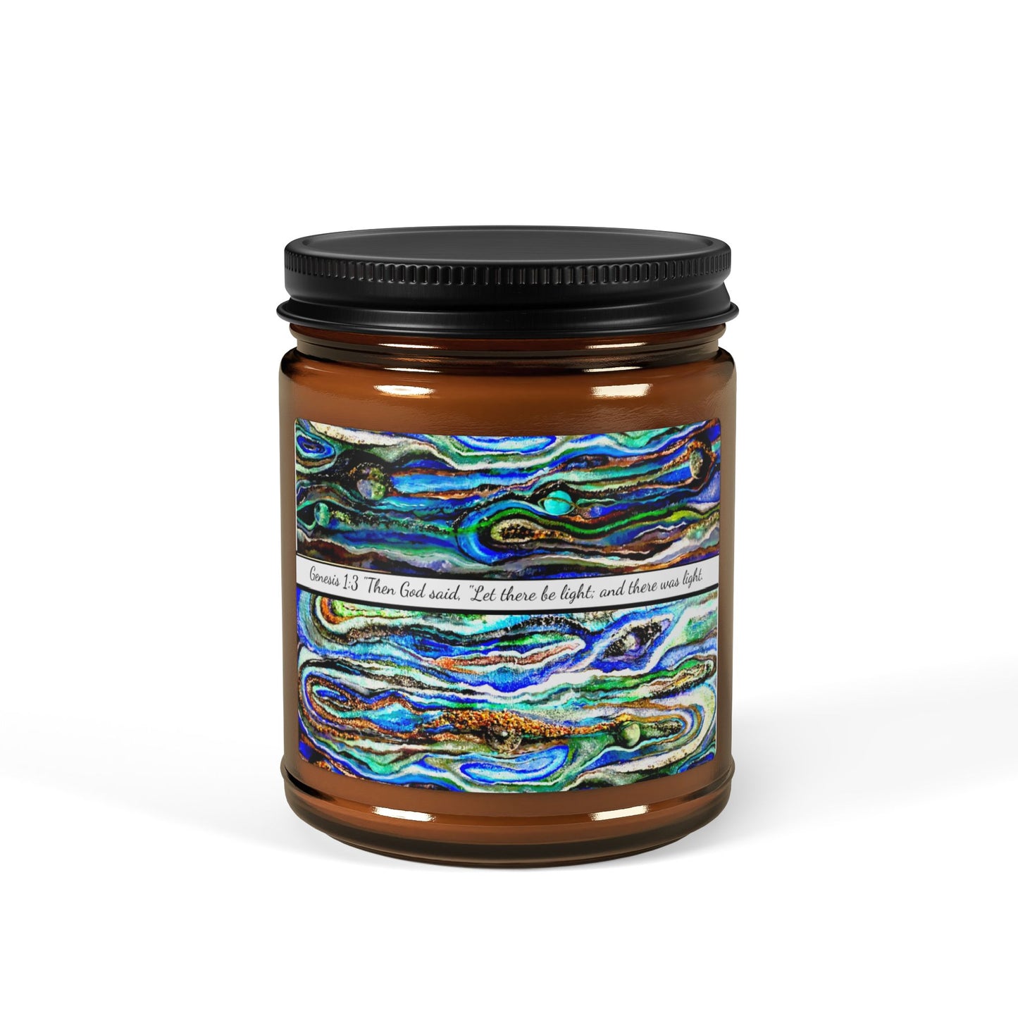 Scented Soy Candle (Multi-Size, Amber Jar), Abstract Biblical Art, Genesis 1:3, FrediFred Home Collection
