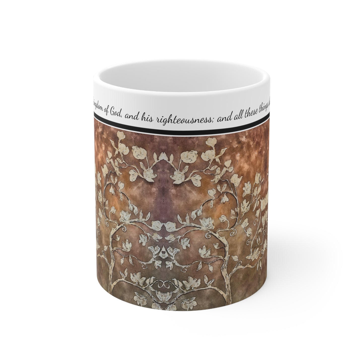 Ceramic Coffee Cups, 11oz, 15oz, Designer Series, Artwork, Seek Ye First, Coffee Devotion Tree of Life, FrediFreds Home Collection