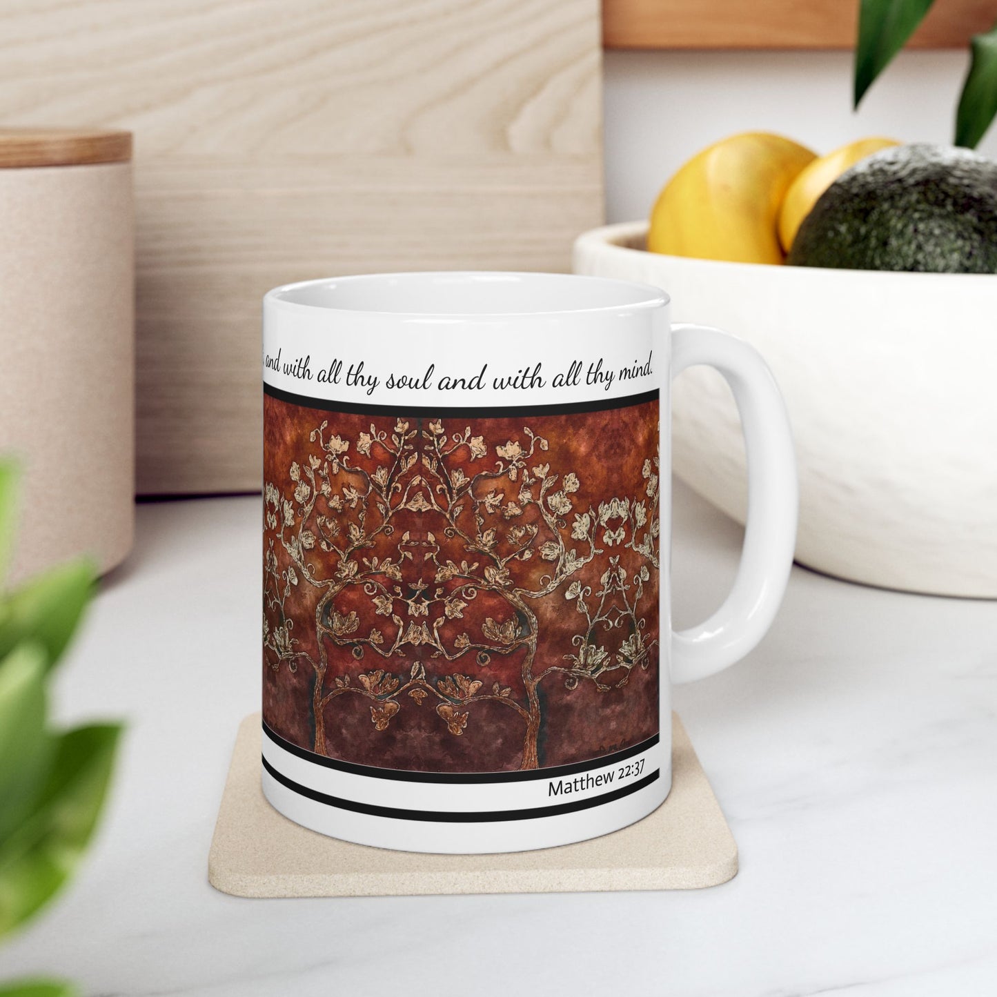 Ceramic Mug, (11oz, 15oz), Designer Series, Bible Verse, Love Thy God, Tree of Life, FrediFreds Home Collection