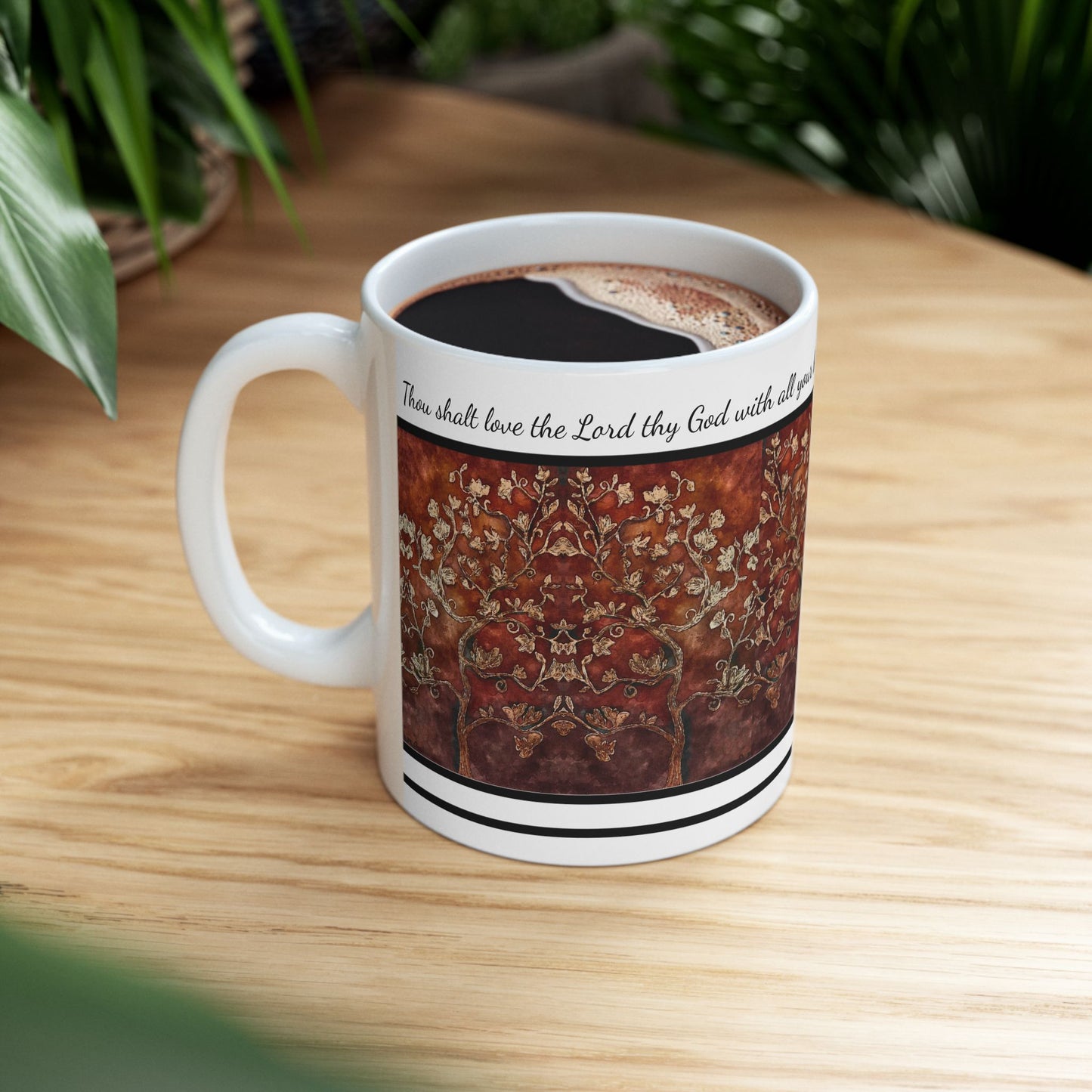 Ceramic Mug, (11oz, 15oz), Designer Series, Bible Verse, Love Thy God, Tree of Life, FrediFreds Home Collection