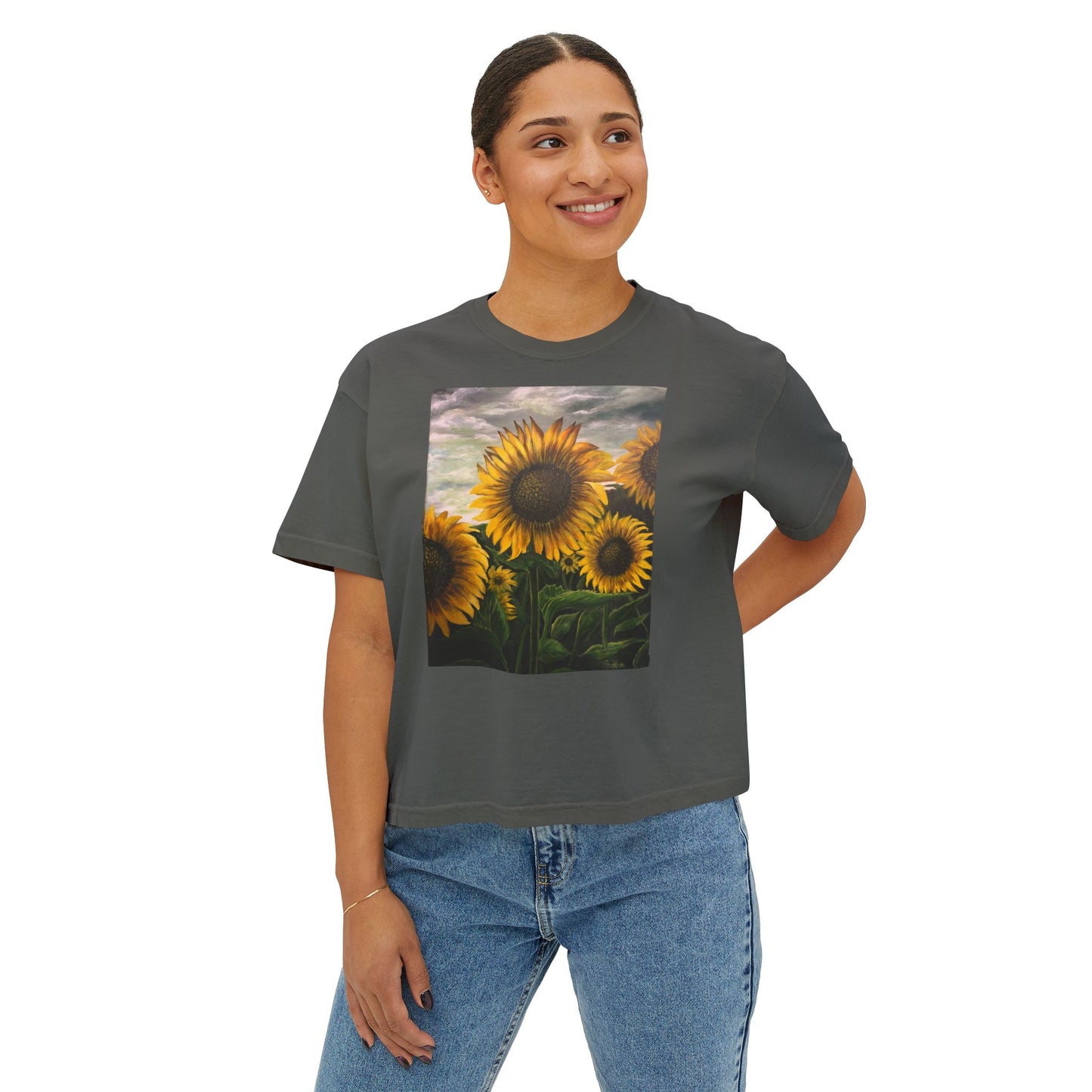 Women's Boxy Tee, Sunflowers, Fields, Nature, Pollinator, Artsy, FrediFred Home Collection