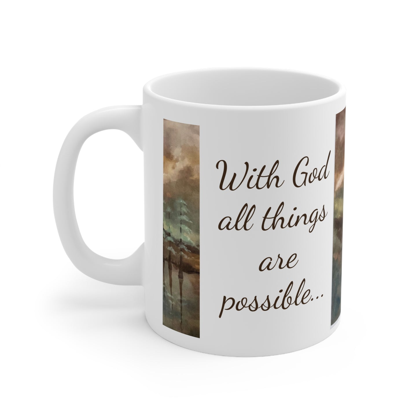 Ceramic Coffee Cups, 11oz, 15oz, Designer Series, Artwork, With God all things are possible", Moon Lake, FrediFreds Home Collection