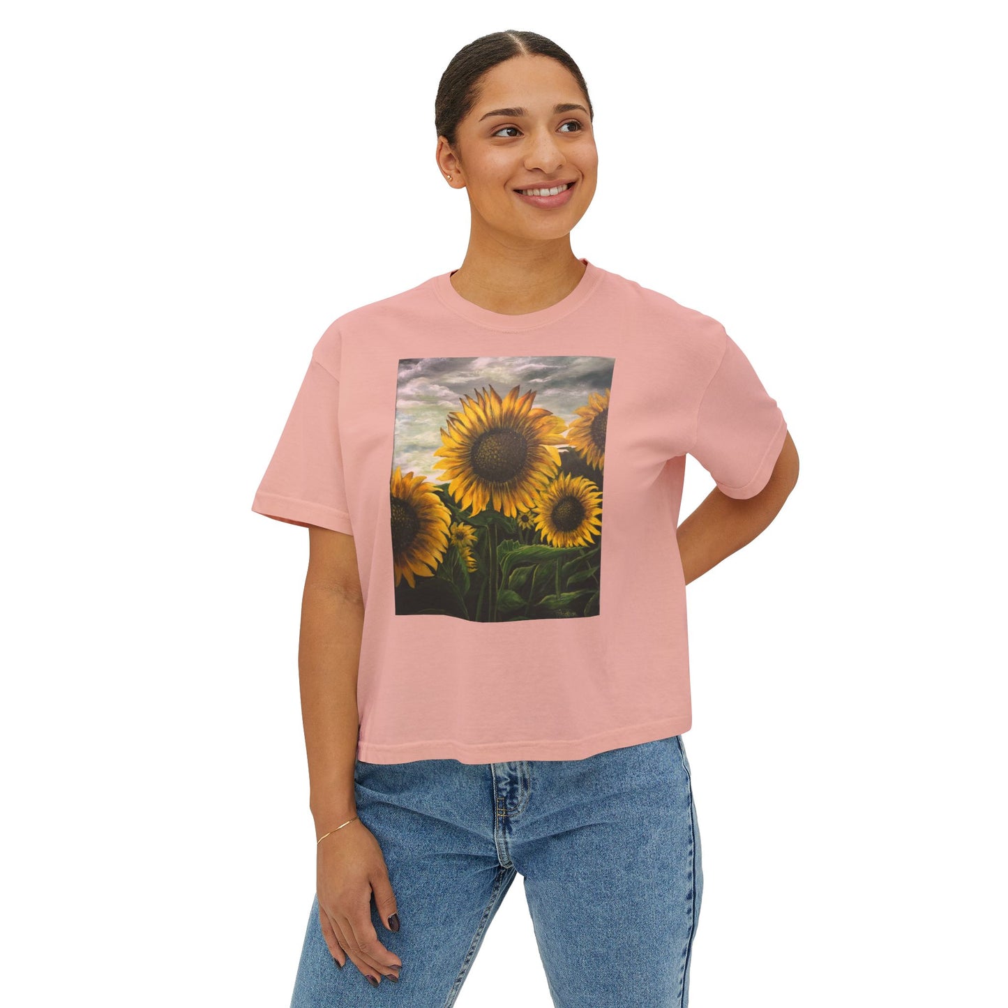 Women's Boxy Tee, Sunflowers, Fields, Nature, Pollinator, Artsy, FrediFred Home Collection