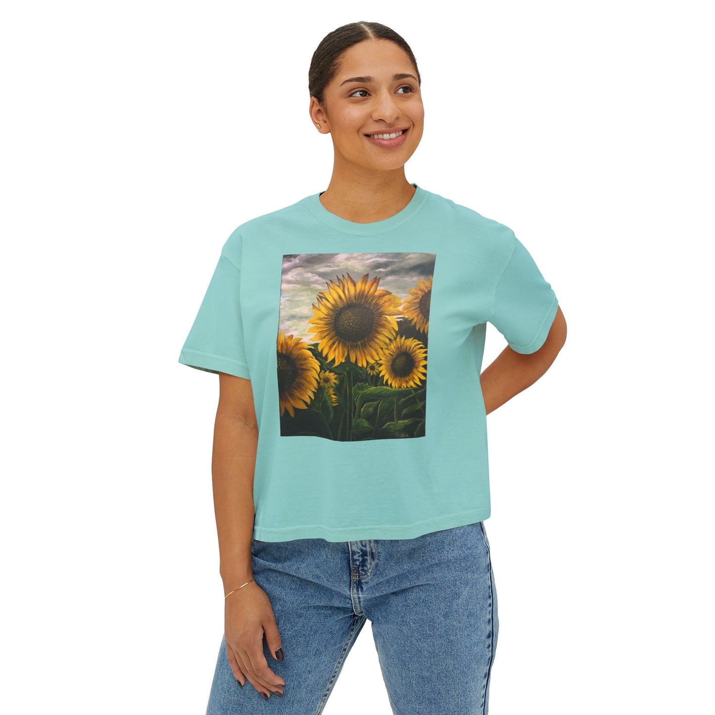 Women's Boxy Tee, Sunflowers, Fields, Nature, Pollinator, Artsy, FrediFred Home Collection