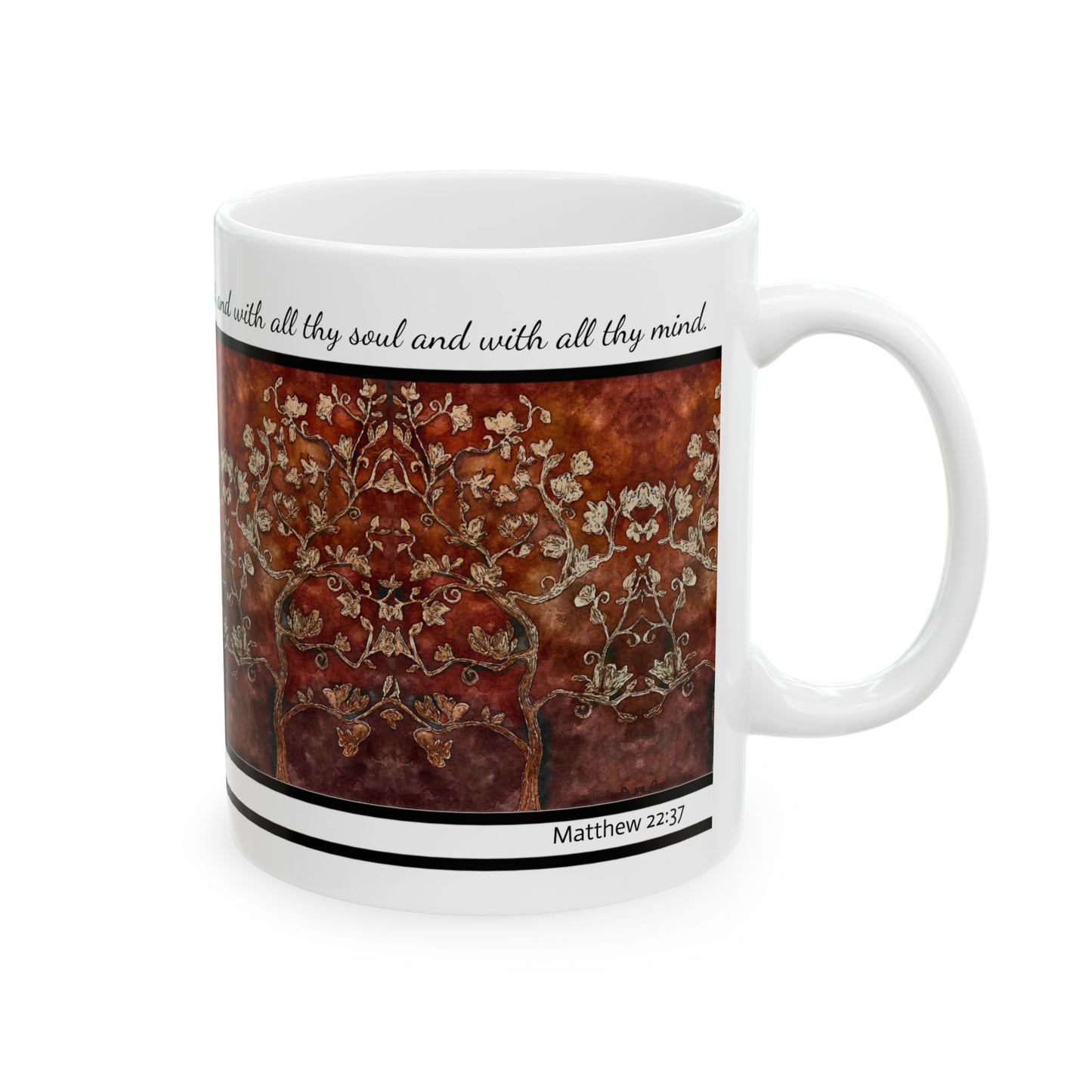 Ceramic Mug, (11oz, 15oz), Designer Series, Bible Verse, Love Thy God, Tree of Life, FrediFreds Home Collection