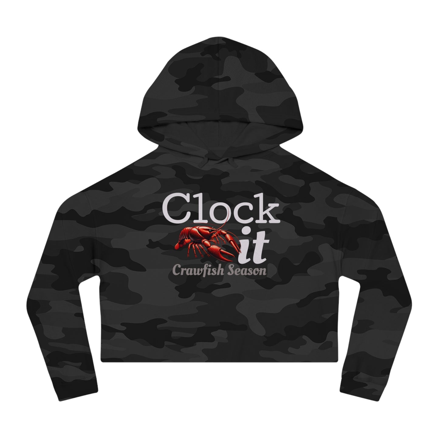 Women’s Cropped Hooded Sweatshirt, Clock It (Crawfish Season), Life on the Bayou Collection