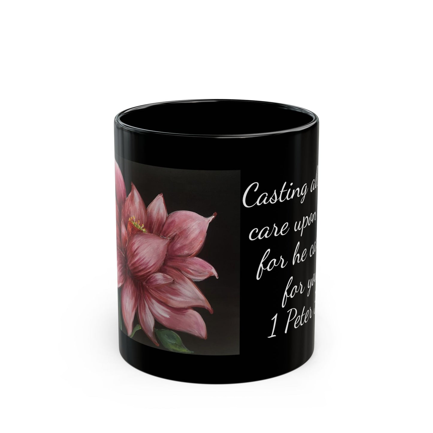 Black Mug (11oz, 15oz), Lotus,Tranquility, 1 Peter 5:7, Coffee Devotion, FrediFreds Home Collection
