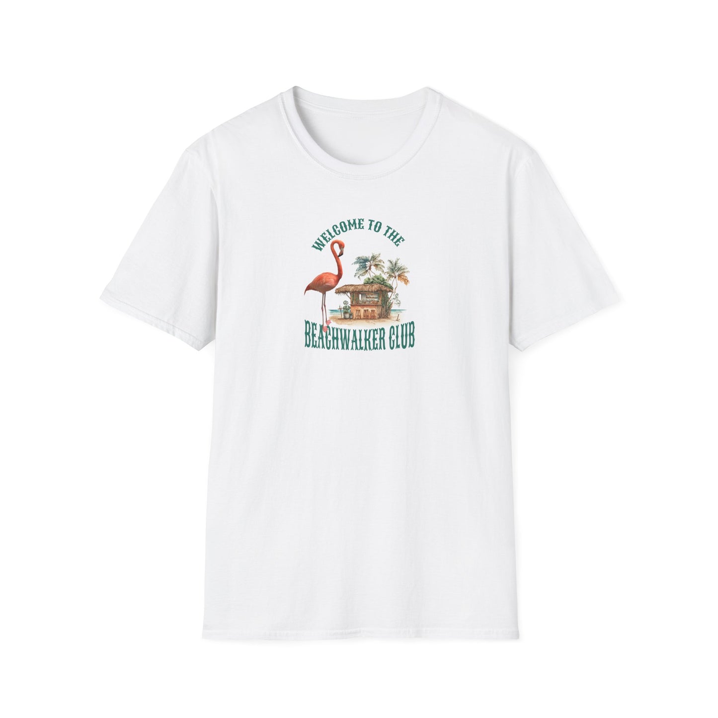 Flamingo Beachwalker Unisex Softstyle T-Shirt, Salt Life & Sunsets Design, Gift Idea, Souvenir, Stylish Tee, Beachwalker Club Collection