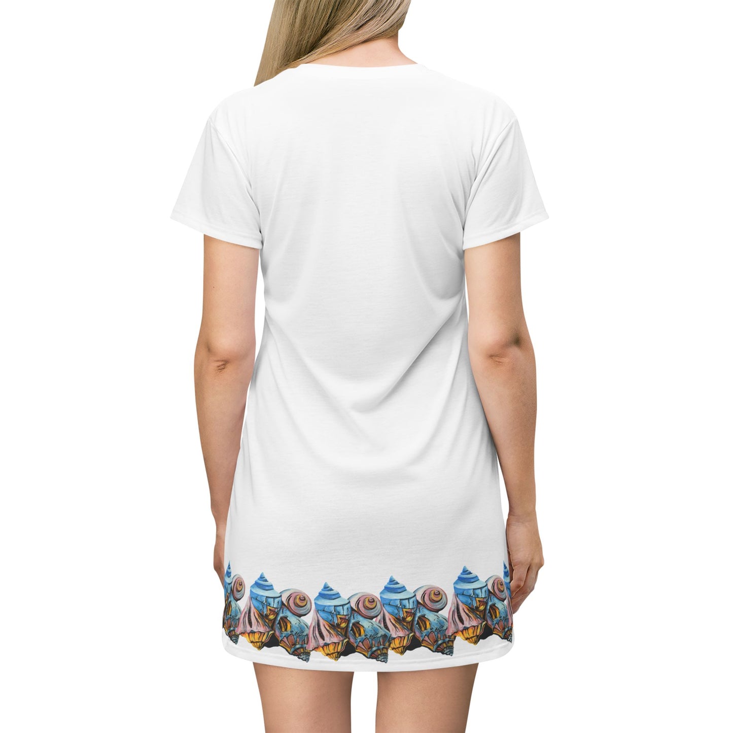 T-Shirt Dress (AOP), Artsy Beach Shells, Beachwalker Club Collection