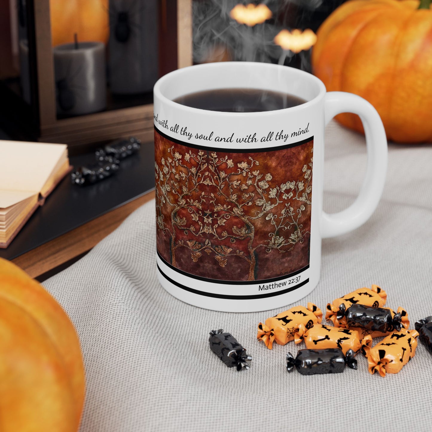 Ceramic Mug, (11oz, 15oz), Designer Series, Bible Verse, Love Thy God, Tree of Life, FrediFreds Home Collection