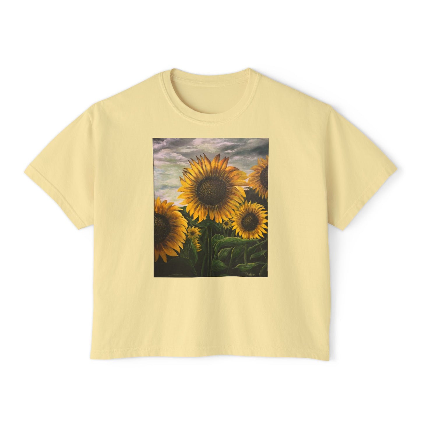 Women's Boxy Tee, Sunflowers, Fields, Nature, Pollinator, Artsy, FrediFred Home Collection