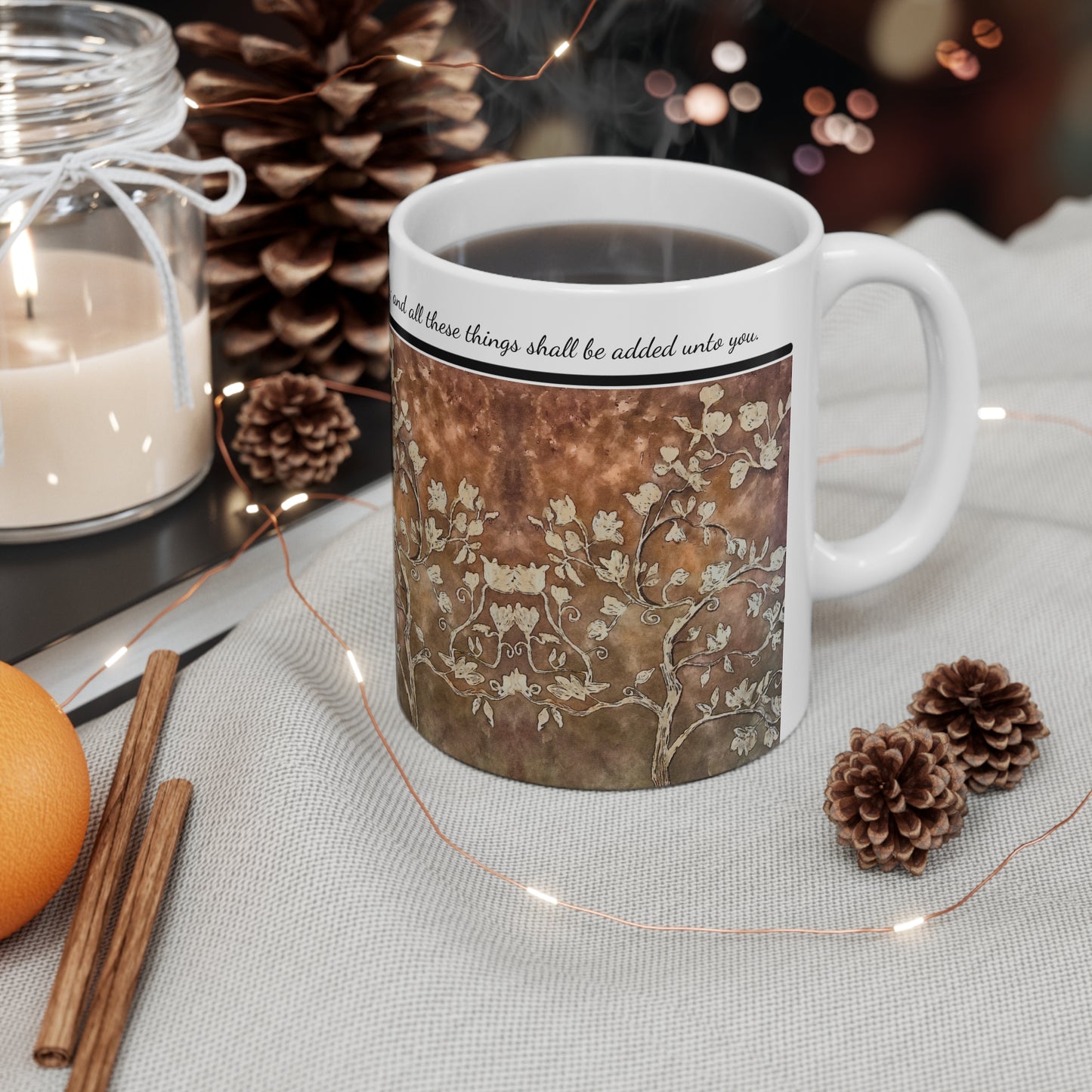 Ceramic Coffee Cups, 11oz, 15oz, Designer Series, Artwork, Seek Ye First, Coffee Devotion Tree of Life, FrediFreds Home Collection