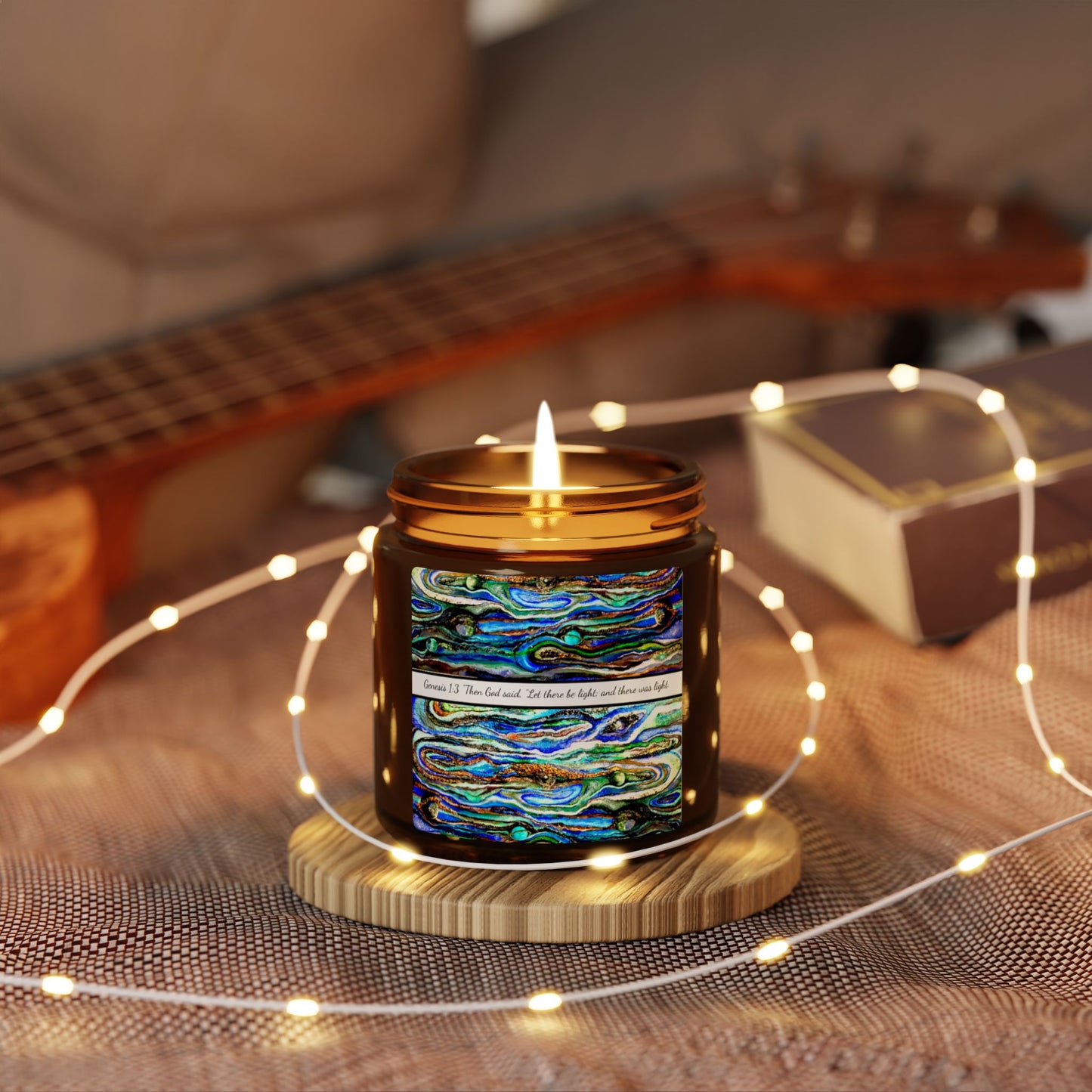 Scented Soy Candle (Multi-Size, Amber Jar), Abstract Biblical Art, Genesis 1:3, FrediFred Home Collection