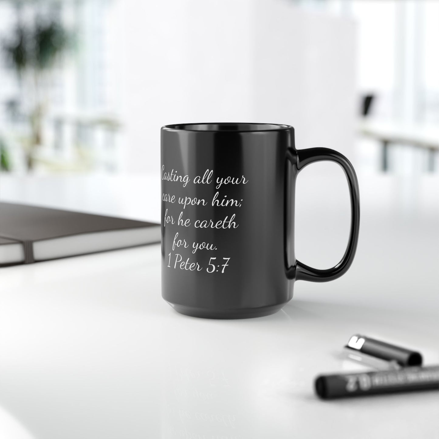 Black Mug (11oz, 15oz), Lotus,Tranquility, 1 Peter 5:7, Coffee Devotion, FrediFreds Home Collection