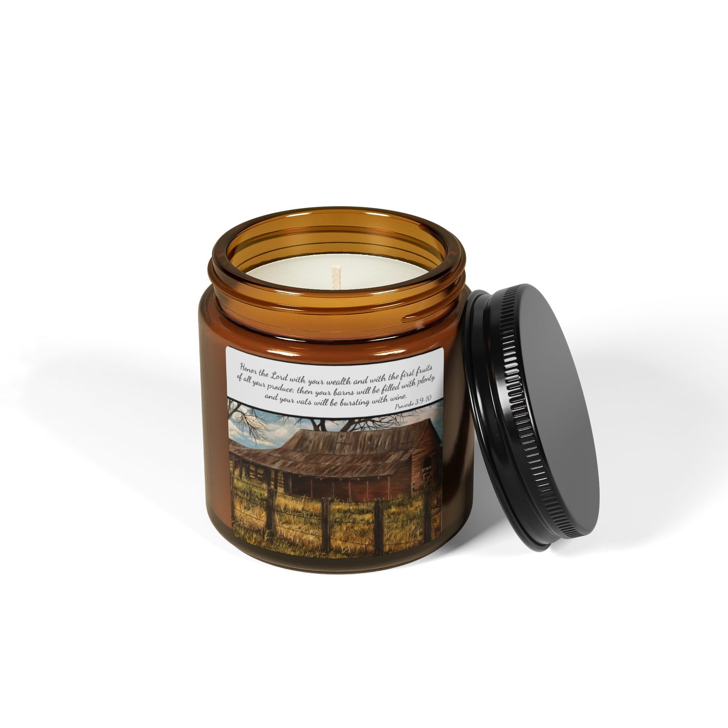 Scented Soy Candle (Multi-Size, Amber Jar), Proverbs 3:9-10, Barn, FrediFreds Home Collection