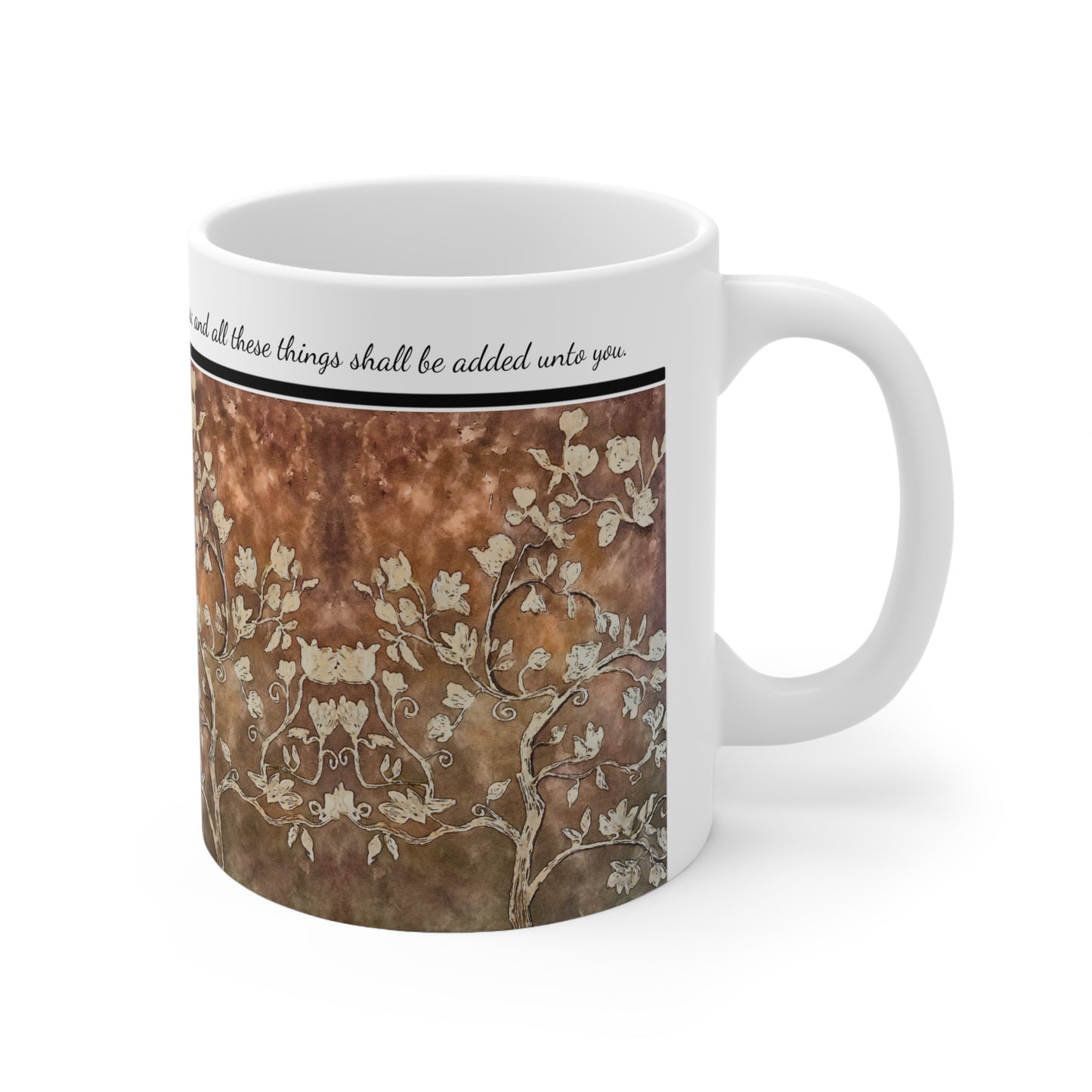 Ceramic Coffee Cups, 11oz, 15oz, Designer Series, Artwork, Seek Ye First, Coffee Devotion Tree of Life, FrediFreds Home Collection