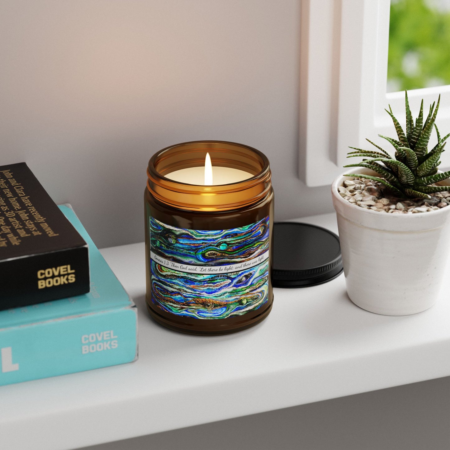 Scented Soy Candle (Multi-Size, Amber Jar), Abstract Biblical Art, Genesis 1:3, FrediFred Home Collection