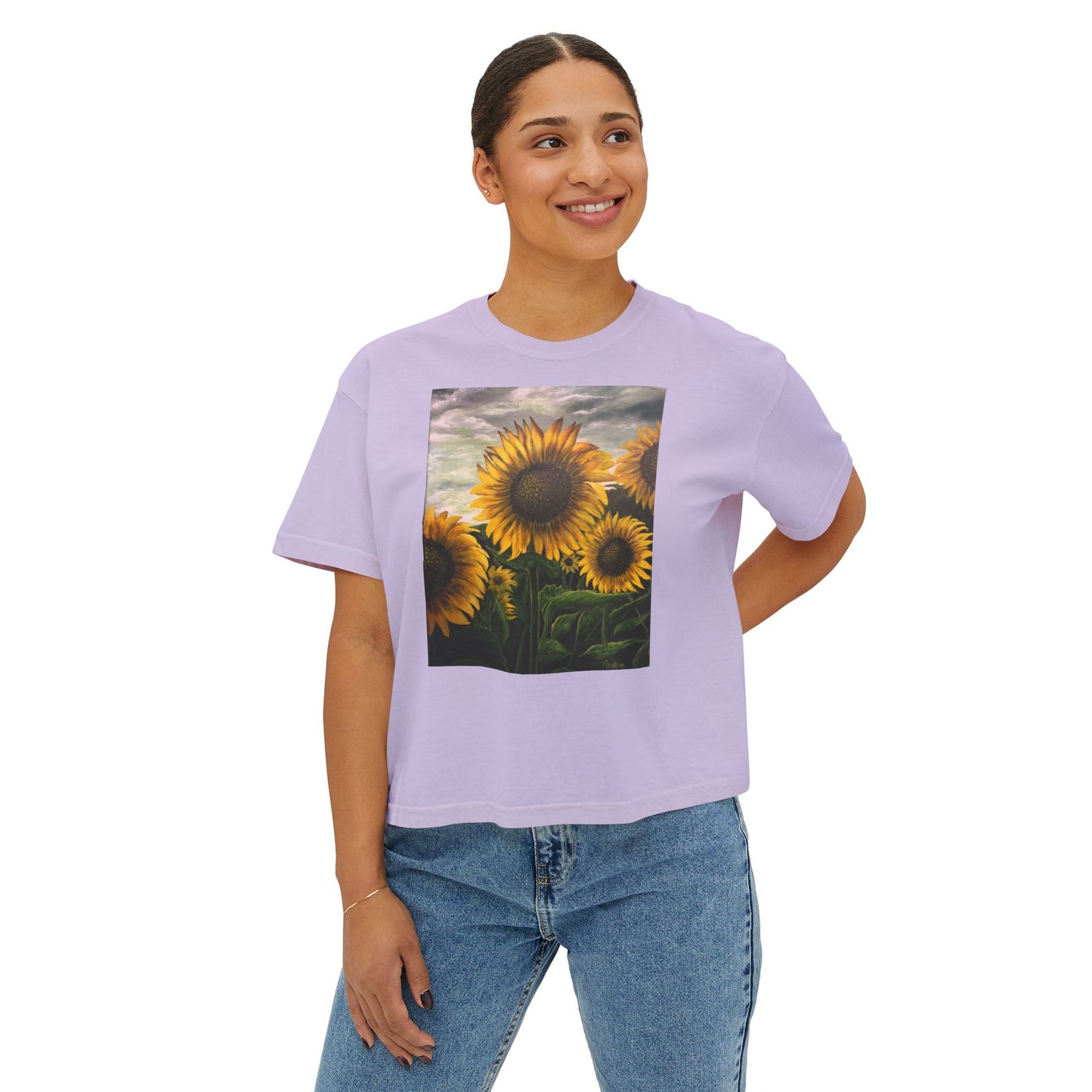 Women's Boxy Tee, Sunflowers, Fields, Nature, Pollinator, Artsy, FrediFred Home Collection