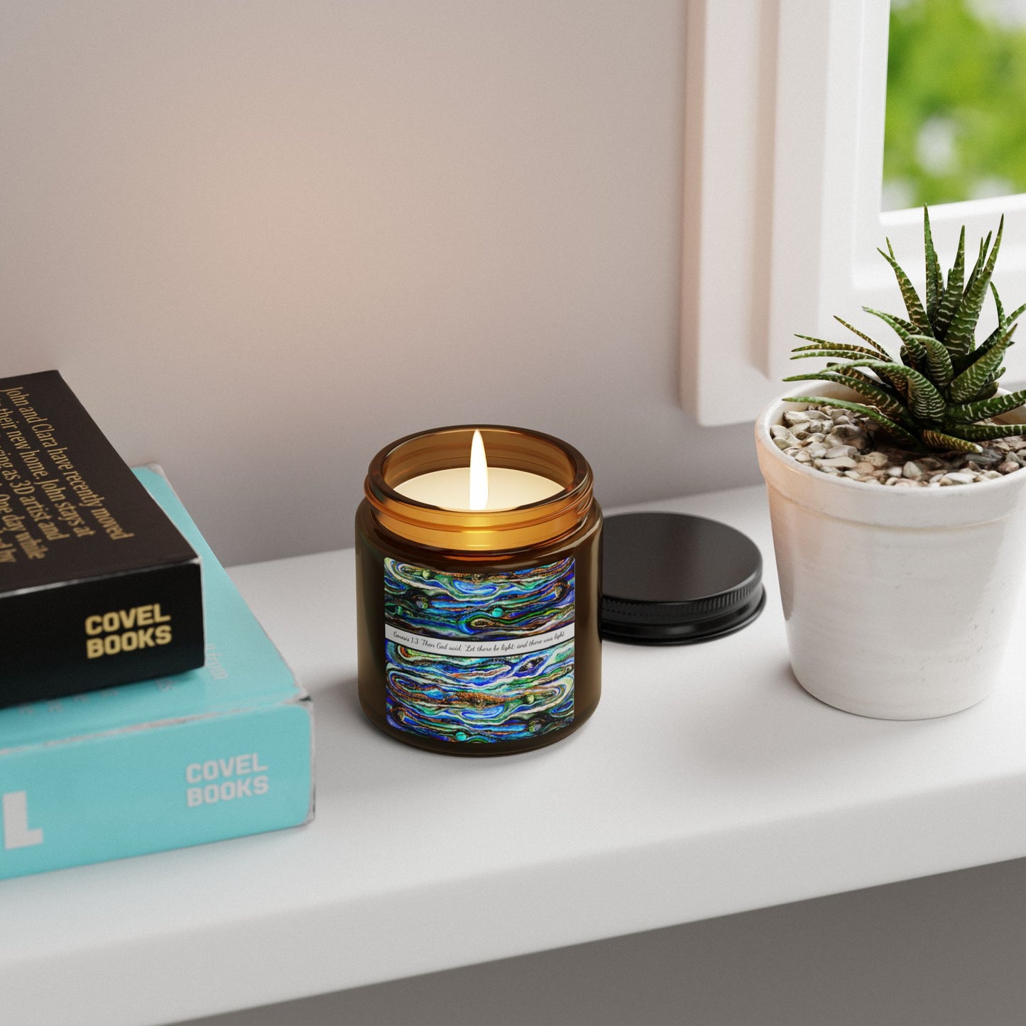 Scented Soy Candle (Multi-Size, Amber Jar), Abstract Biblical Art, Genesis 1:3, FrediFred Home Collection