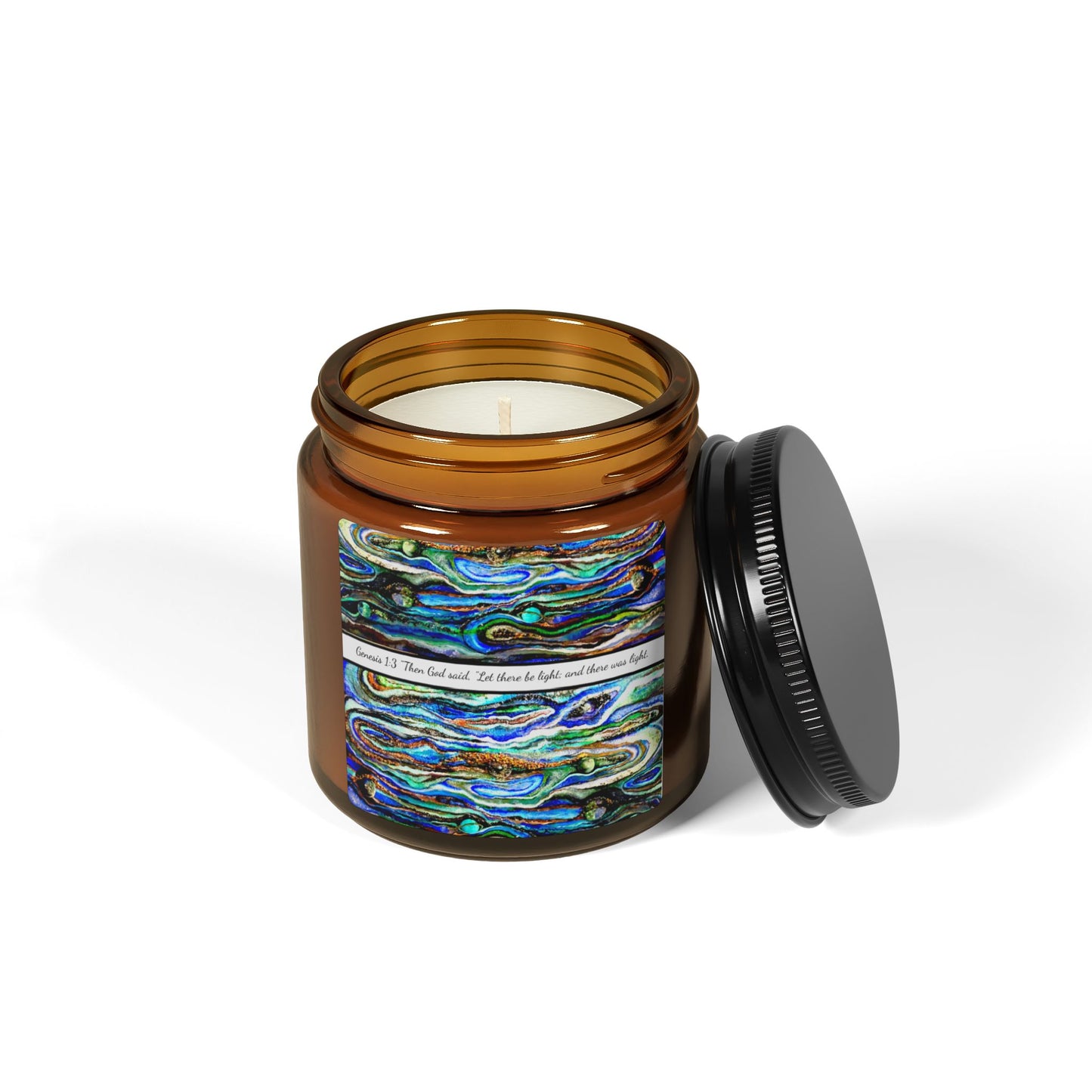 Scented Soy Candle (Multi-Size, Amber Jar), Abstract Biblical Art, Genesis 1:3, FrediFred Home Collection