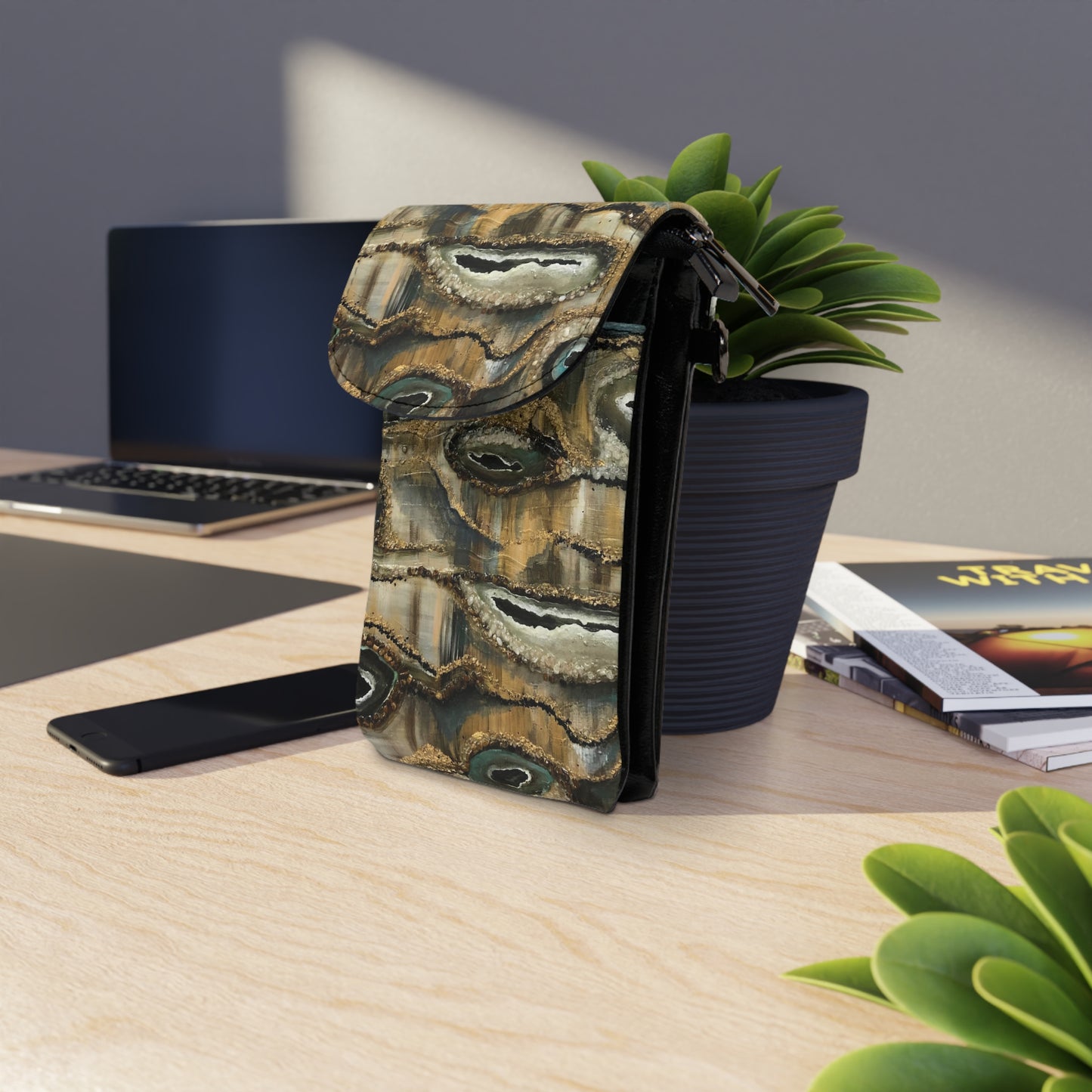 Small Cell Phone Wallet, Abstract Printed Design, Earth and Rock Colored Tones, Creek Bed, Life on the Bayou Collection