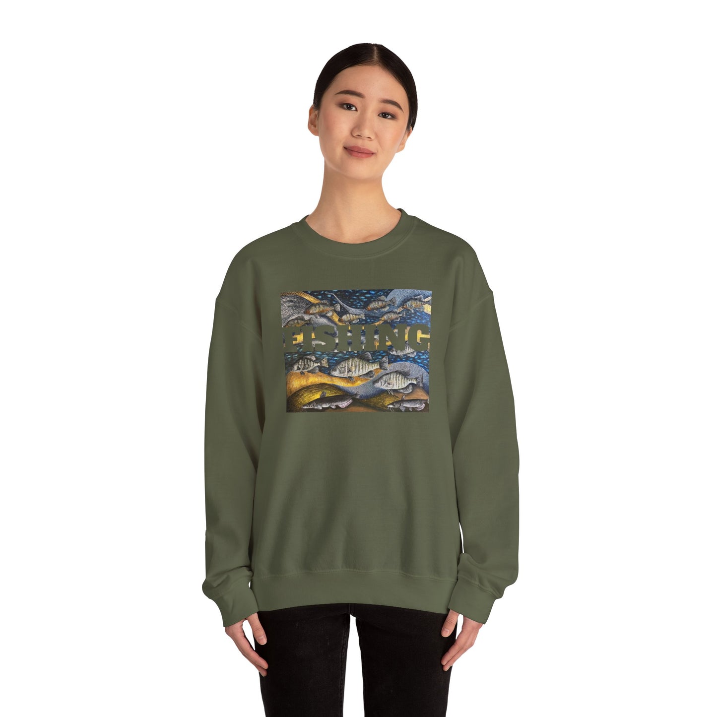 Unisex Heavy Blend™ Crewneck Sweatshirt, Get Lucky Fishing, Original Artwork, FrediFreds Home Collection