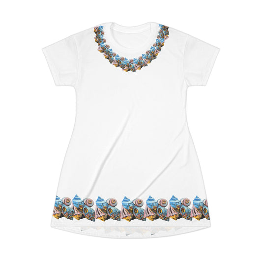 T-Shirt Dress (AOP), Artsy Beach Shells, Beachwalker Club Collection