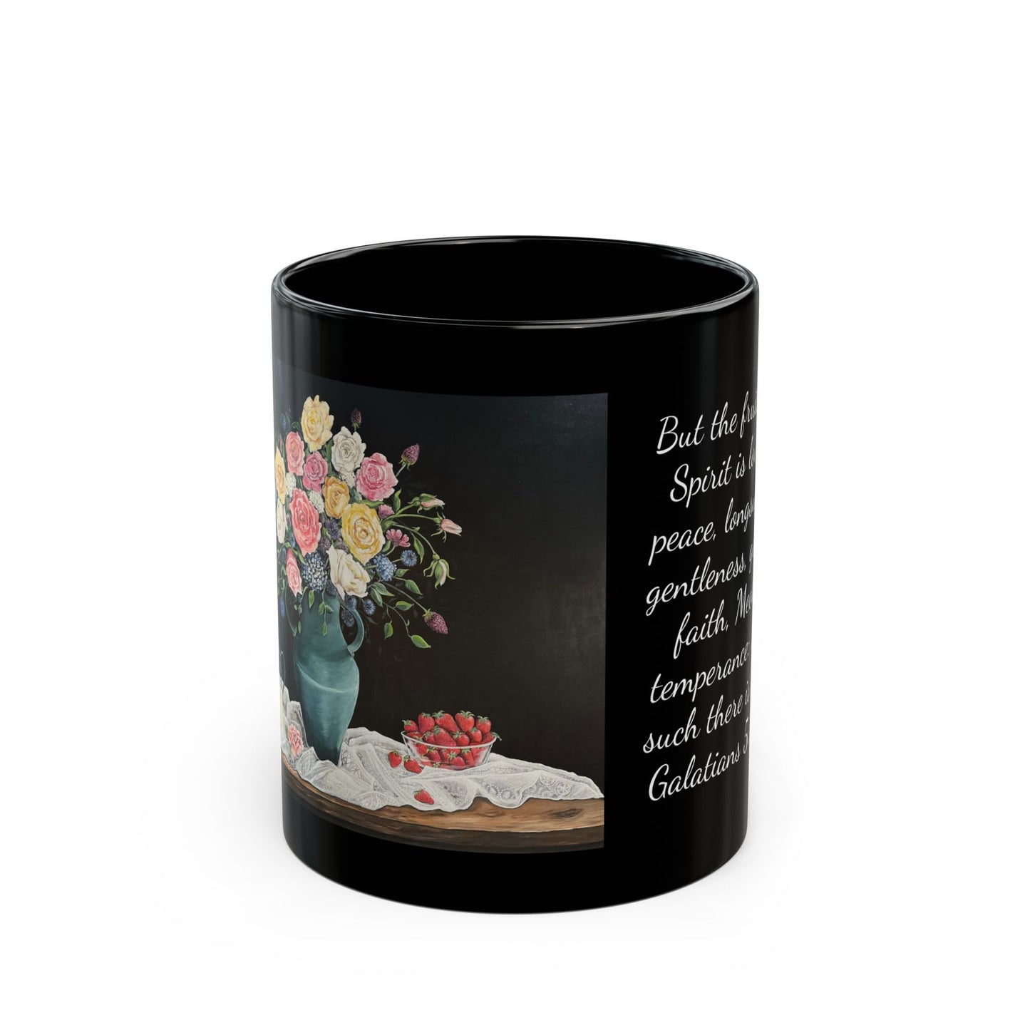 Black Mug (11oz, 15oz), Strawberries, Fruits of the Spirit, Coffee Devotion, FrediFreds Home Collection