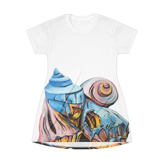 T-Shirt Dress (AOP), Artsy Pastel Beach Shells