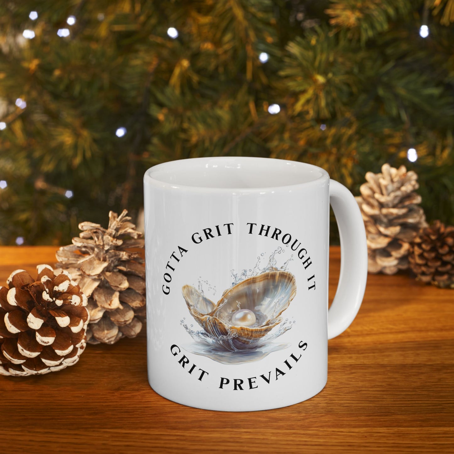 Ceramic Mug, (11oz, 15oz) With Printed Design "Grit Prevails"