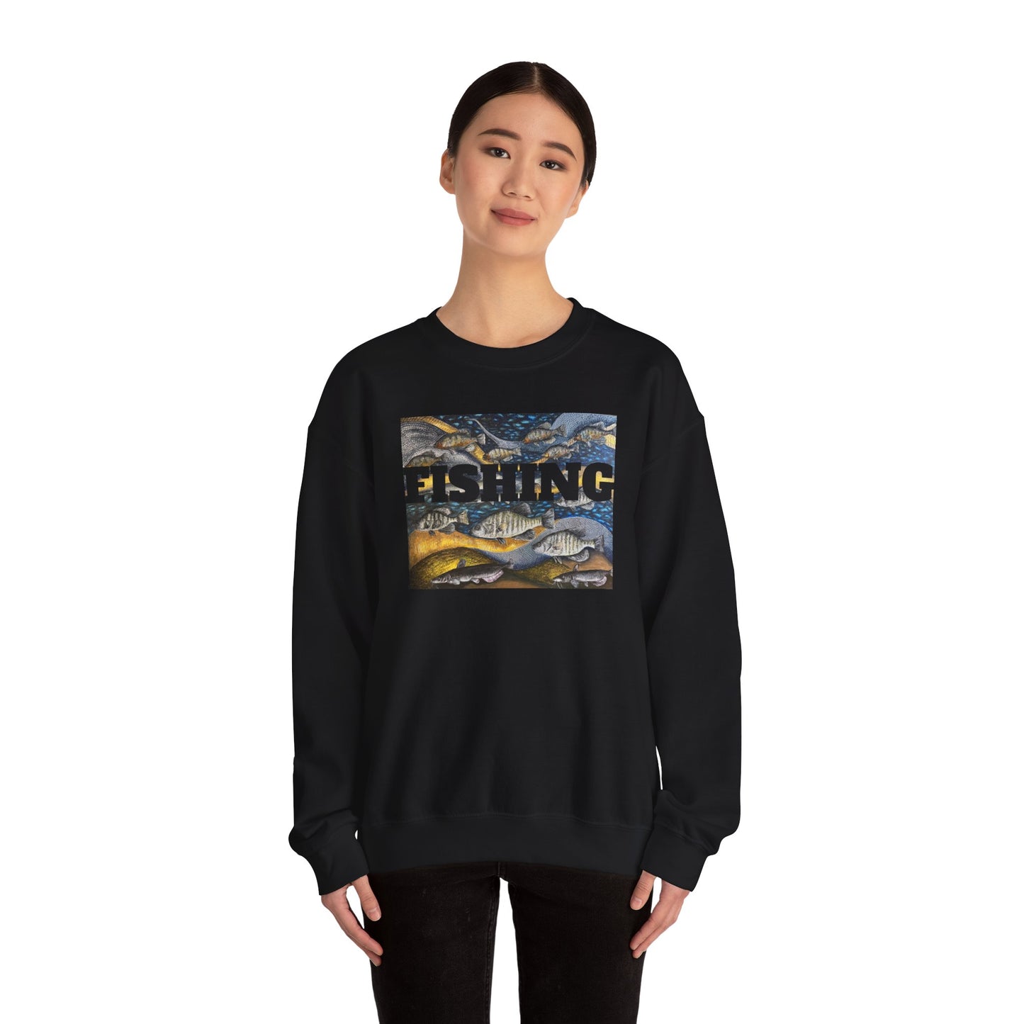 Unisex Heavy Blend™ Crewneck Sweatshirt, Get Lucky Fishing, Original Artwork, FrediFreds Home Collection