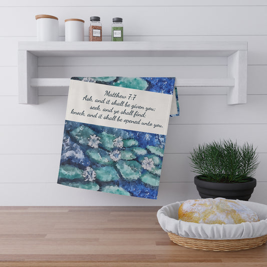 Tea Towels (cotton, poly), Water Lilies, Matthew 7:7, Daily Devotion, FrediFreds Home Collection