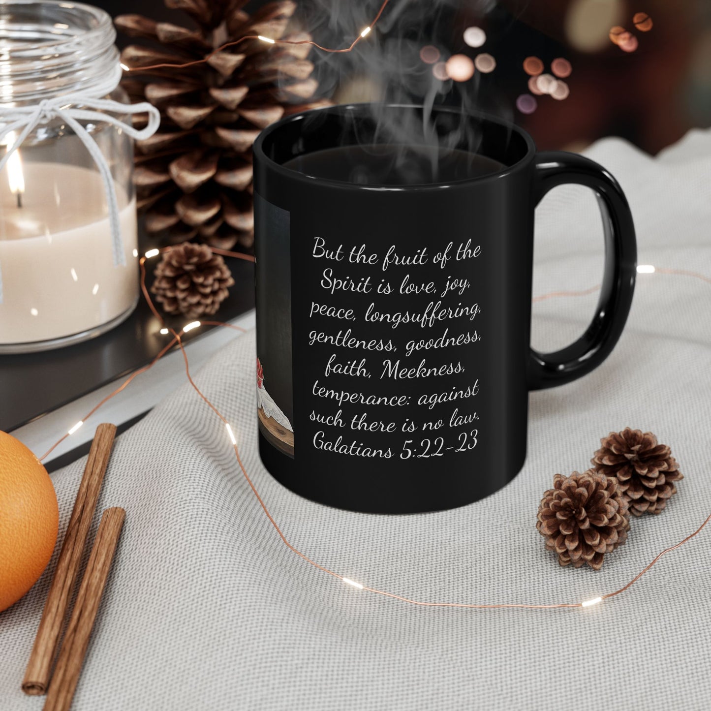 Black Mug (11oz, 15oz), Strawberries, Fruits of the Spirit, Coffee Devotion, FrediFreds Home Collection