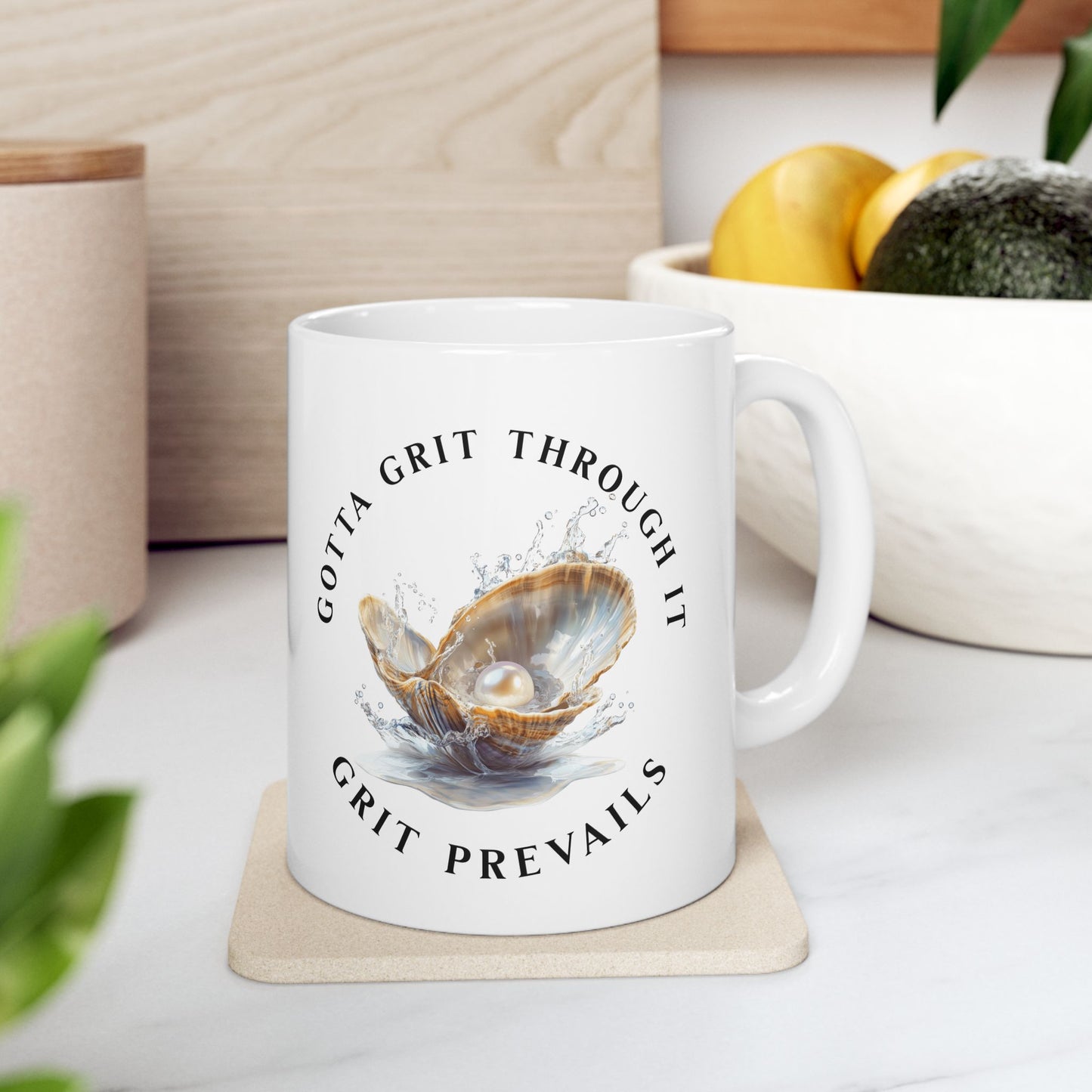 Ceramic Mug, (11oz, 15oz) With Printed Design "Grit Prevails"