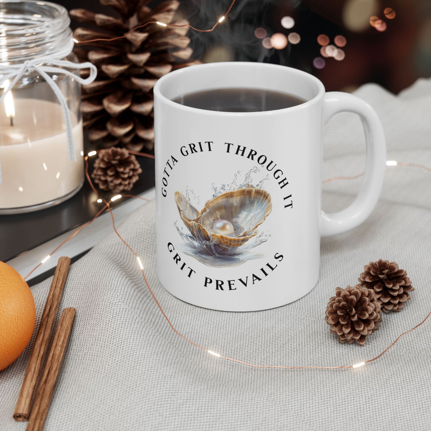 Ceramic Mug, (11oz, 15oz) With Printed Design "Grit Prevails"