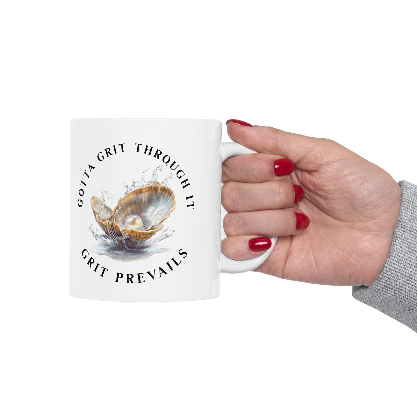 Ceramic Mug, (11oz, 15oz) With Printed Design "Grit Prevails"