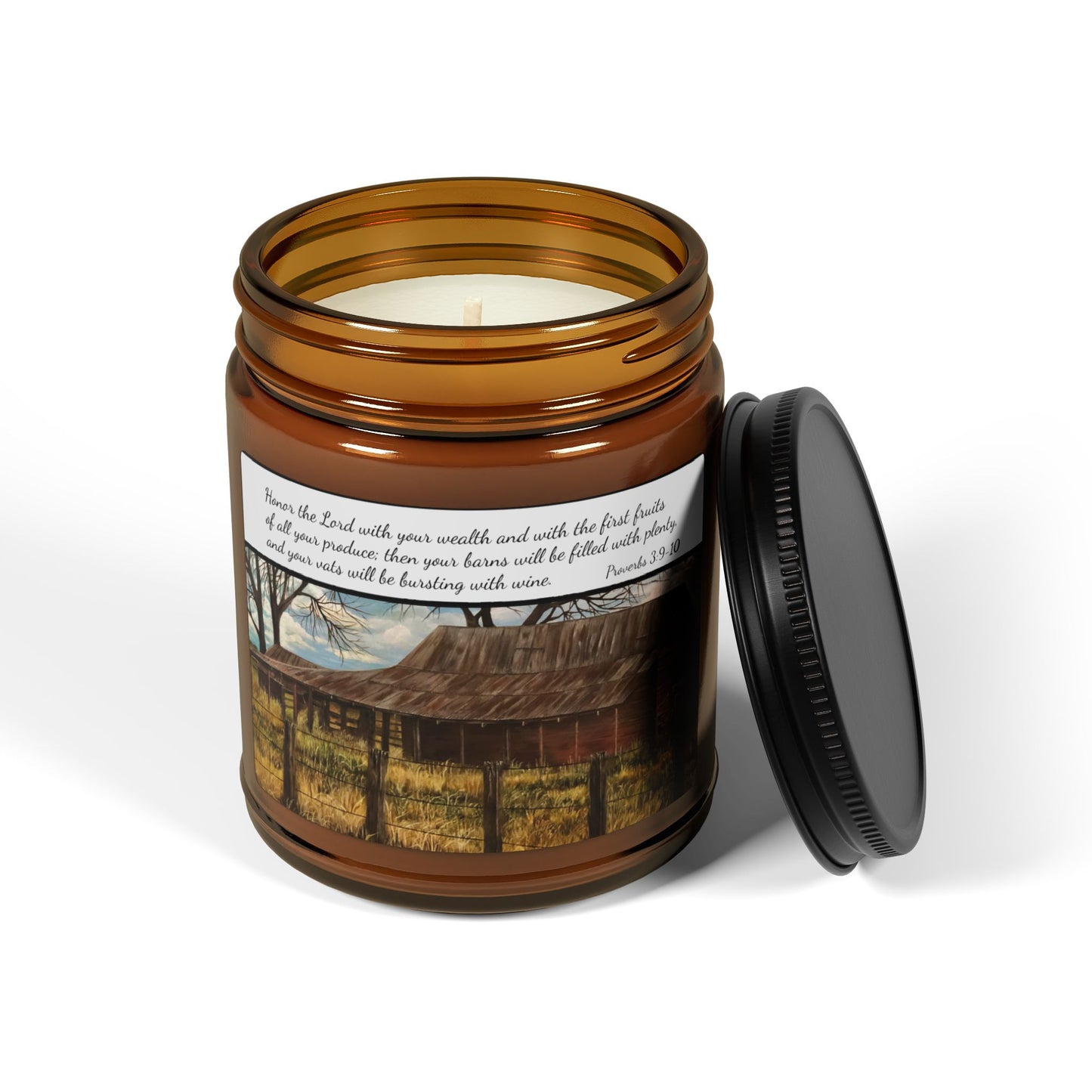 Scented Soy Candle (Multi-Size, Amber Jar), Proverbs 3:9-10, Barn, FrediFreds Home Collection